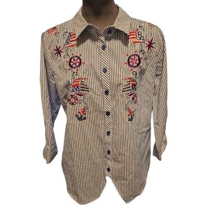 EC QUACKER FACTORY NAUTICAL/PATRIOTIC STRIPPED SHIRT SZ. S